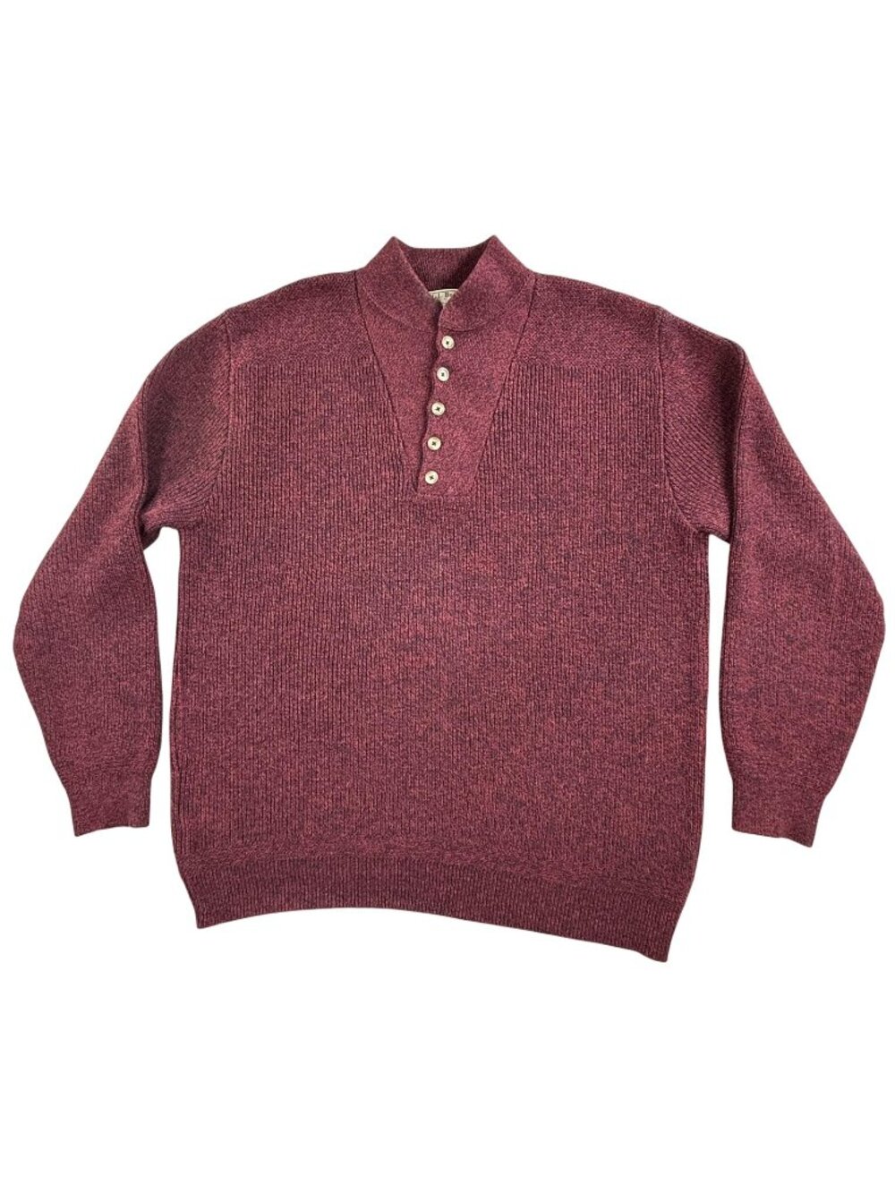Vintage L.L. Bean Sweater Mens LT Red Mock Neck Henley Cotton Knit Made USA 80s